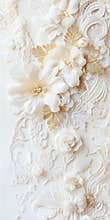 Elegant floral embroidery with delicate white flowers and golden leaves on lace fabric, AI Generative