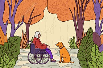 Elderly woman in wheelchair with dog companionship in autumn park scene vibrant foliage colorful trees peaceful nature
