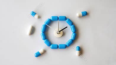 An artistic arrangement of blue and white capsules forming a clock, representing time in medication.