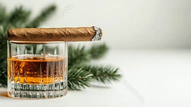 Elegant whiskey glass and burning cigar with pine branches in festive setting holiday celebration, AI Generative