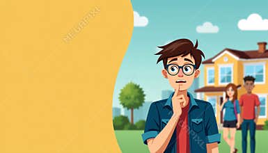 Cartoon boy looking puzzled with house and friends in the background