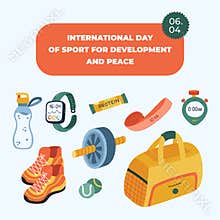 Colourful square banner for International Day of Sport for Development and Peace with fitness inventory, gym tool
