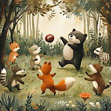 Joyful Animals Gather for a Playful Football Match in a Forest Clearing Generative AI
