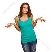 Woman girl throws up his hands in doubt isolated