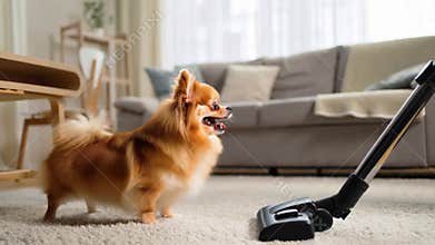 Small dog barking vacuum cleaner cleaning housework pet interaction fear funny stock footage Generative AI