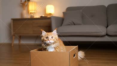Cute ginger kitten sitting inside cardboard box looking out curiously home pet stock footage Generative AI