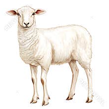 A Detailed Illustration of a White Sheep Standing Against a White Background