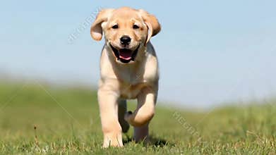 Cute yellow Labrador puppy running towards camera green field happy dog play stock footage Generative AI