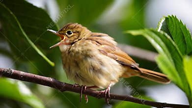 Small warbler bird perched singing green leaves branch wildlife nature song stock footage Generative AI