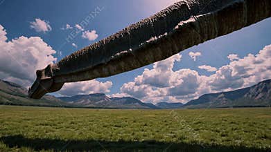 A Brachiosaurus grazes peacefully in a vast prehistoric landscape. Herbivorous dinosaur represents the Jurassic period