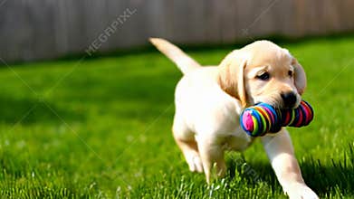 Cute Labrador puppy running green grass carrying colorful toy bone playtime stock footage Generative AI