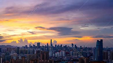 Stunning sunset sky over illuminated city skyline cityscape time,lapse view stock footage Generative AI