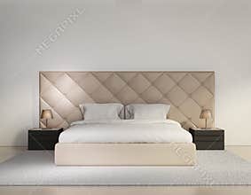 Beige luxury buttoned bedroom with rug