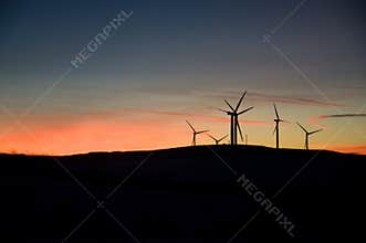 Wind turbine farm at sunset