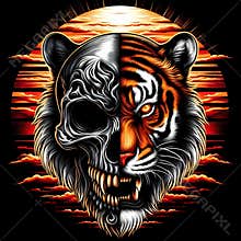 Hybrid skull and tiger face split design, skeletal side and fierce tiger side