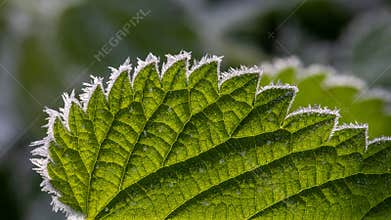 Frost on green leaf showing details of nature in early morning sunlight