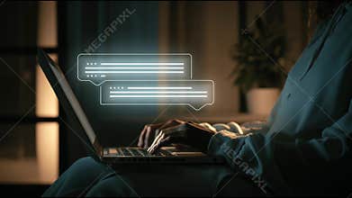 Person Types Legal Questions in Chatbot at Home During Evening Hours Using a Laptop