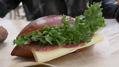 Fresh salami and cheese sandwich with crisp lettuce in a rustic bun