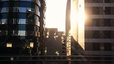 Tracking shot of modern city buildings, Dubai, United Arab Emirates