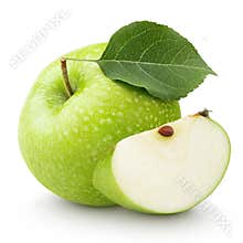 Green apple with leaf and slice isolated on a white