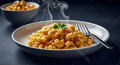 Delicious steaming hot macaroni and cheese served in a white bowl with a fork and garnished with fresh parsley a comforting dish