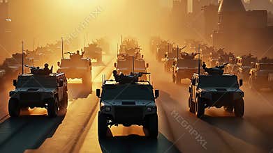 Military convoy at sunrise on urban highway. Veterans Day celebration. AI