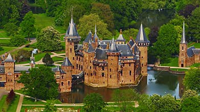 Aerial view of historic Castle de Haar, Utrecht. Historic castle built in The Netherlands