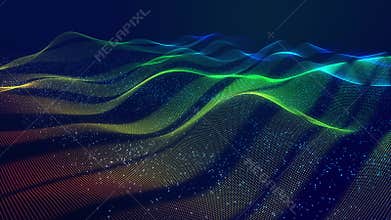 3d render VJ loop. Colorful particle mesh moves smoothly over dark blue backdrop creating mesmerizing visuals. Bright neon dots