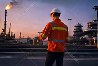 Industrial technicians holding clipboards in the chemical plant or oil refinery area monitor the oil refinery operations