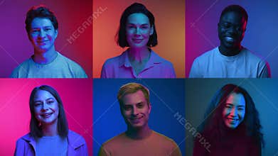 Happy People Smiling and Looking at Camera in Multi Screen of Neon Portraits
