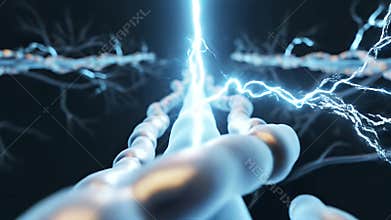 Abstract CGI Representation of Myelin Sheath Insulating an Axon with Electrical Signals on a Dark Background Ideal for Educational