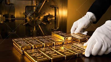 Banker in glove arranging stack of gold bar inside vault room.