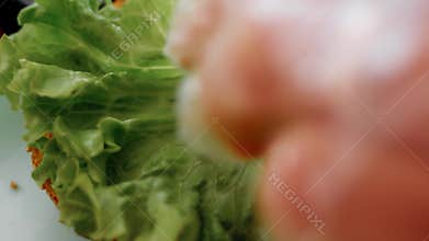 Burger topped with crisp green lettuce leaves