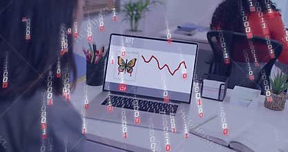 Viewing woman checking laptop NFT butterfly and red line chart in office, colleague in red top