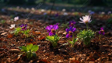 Delicate violets blooming on forest floor in spring sunlight