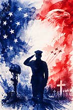 Memorial Day Tribute Watercolor Illustration with American Flag Eagle and Saluting Soldier Silhouette