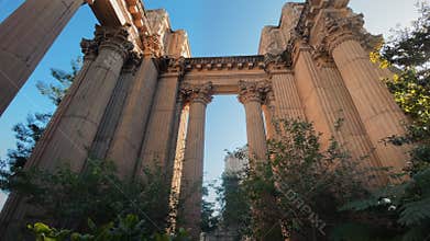 Palace of Fine Arts neoclassical columns tilt down shot San Francisco 4K