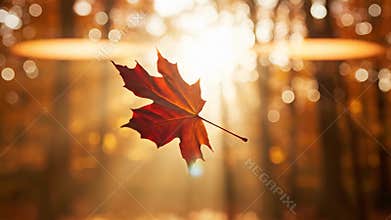 Floating crimson maple leaf rotating in midair against volumetric golden hour sun rays
