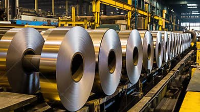 Steel coils moving through manufacturing plant