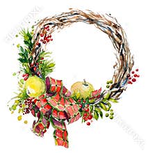 Watercolor wreath. Christmas decoration.