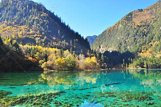 Valley with slight reflection on a clear blue lake