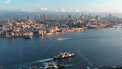 Ferry boats sailing in the Bosphorus strait in Istanbul, Turkey