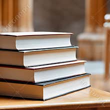 Books Stacked on a Wooden Table in a Library Surrounded by Shelves Filled With More Books
