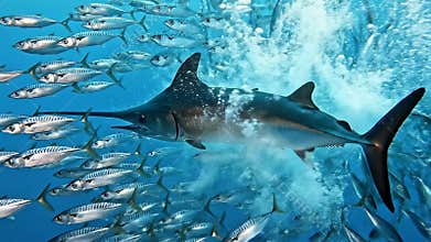 Swordfish attacks mackerel school as it accelerates quickly into the frame causing fish to scatter away in fear