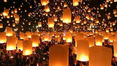 Many Sky Lanterns Floating In Loi Krathong Festival Of Chiang Mai Thailand 2014