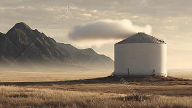 Grain silo standing alone under vast sky