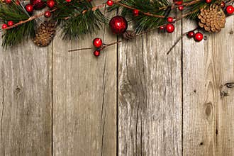 Christmas background of branches on wood