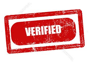 Rubber Stamp Verified Seal on Red Grunge Background Close Up