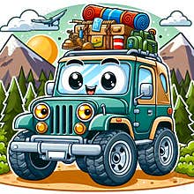 Cute Cartoon Green Off Road Jeep Car with Travel Luggage in Mountains Road