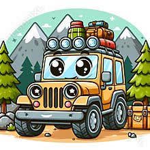 Cute Cartoon Yellow Off Road Vehicle Character with Roof Luggage in Mountains